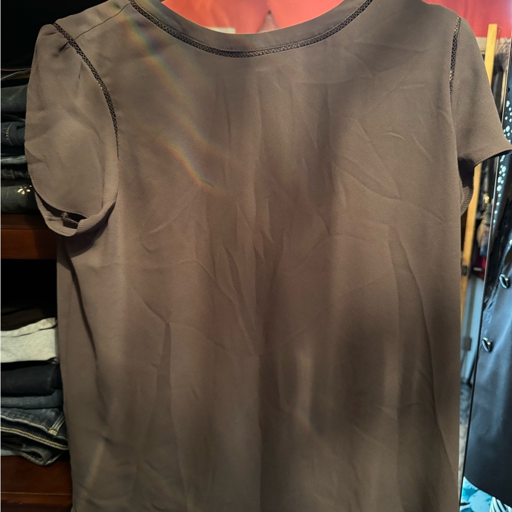 LOFT Brown Blouse with Peter Pan Collar and Short Sleeves